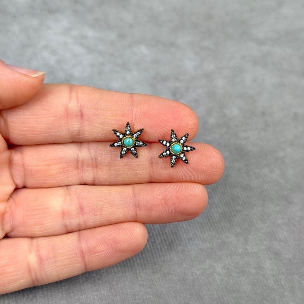 Freida Rothman Turquoise Starburst Stud Earrings Gold Black Rhodium CZ Star 925
